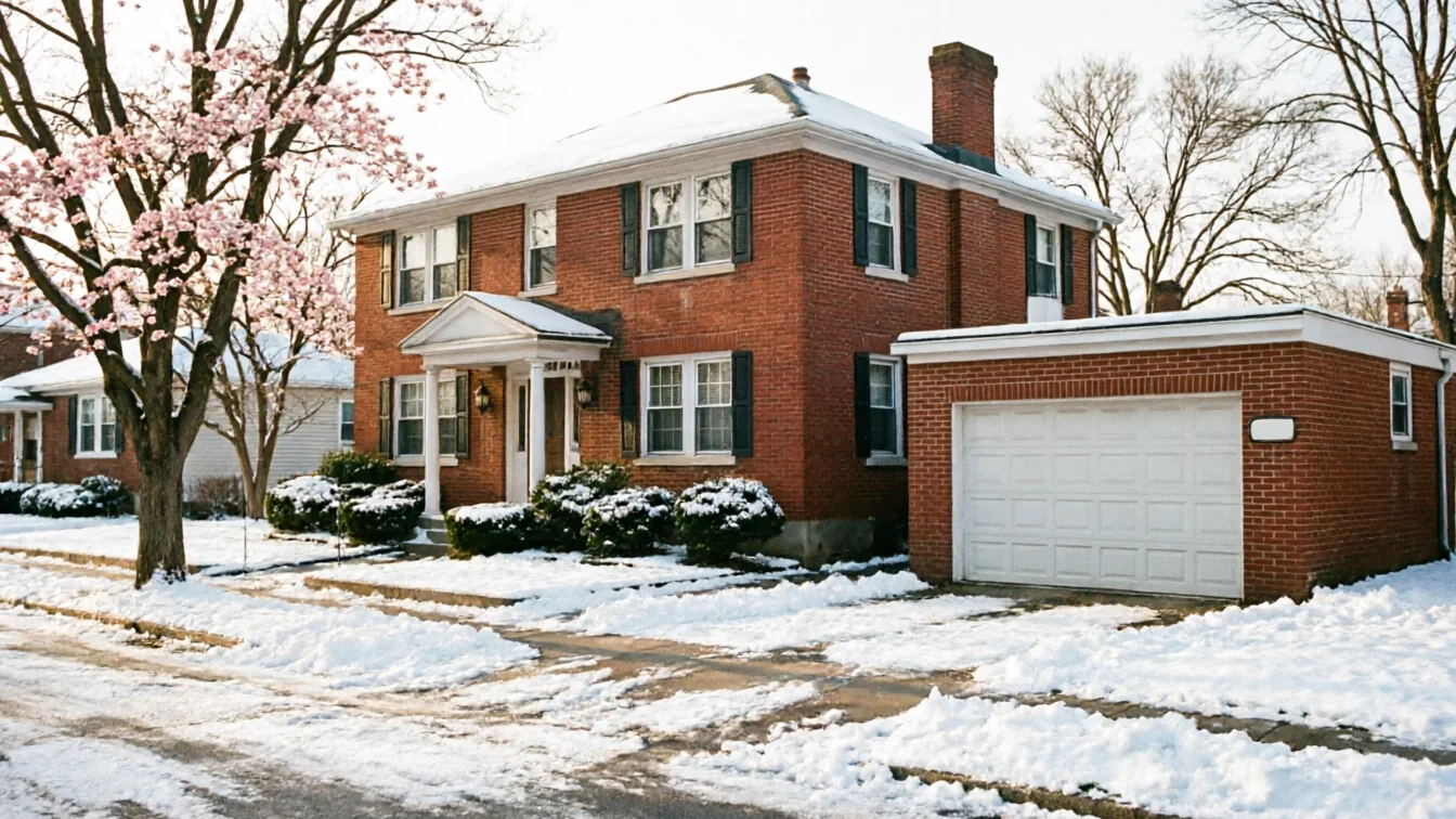 A brick house with a white garage door and a snow-covered yard.