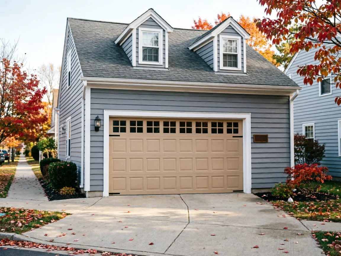 The garage door is tan with windows, on a gray house with dormers.
