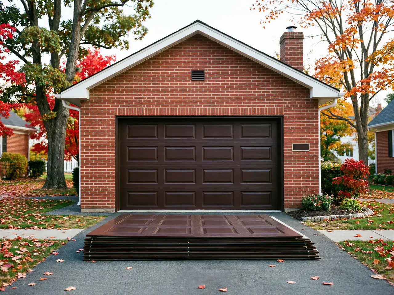 A brown garage door on a brick house with new door panels stacked on the driveway.