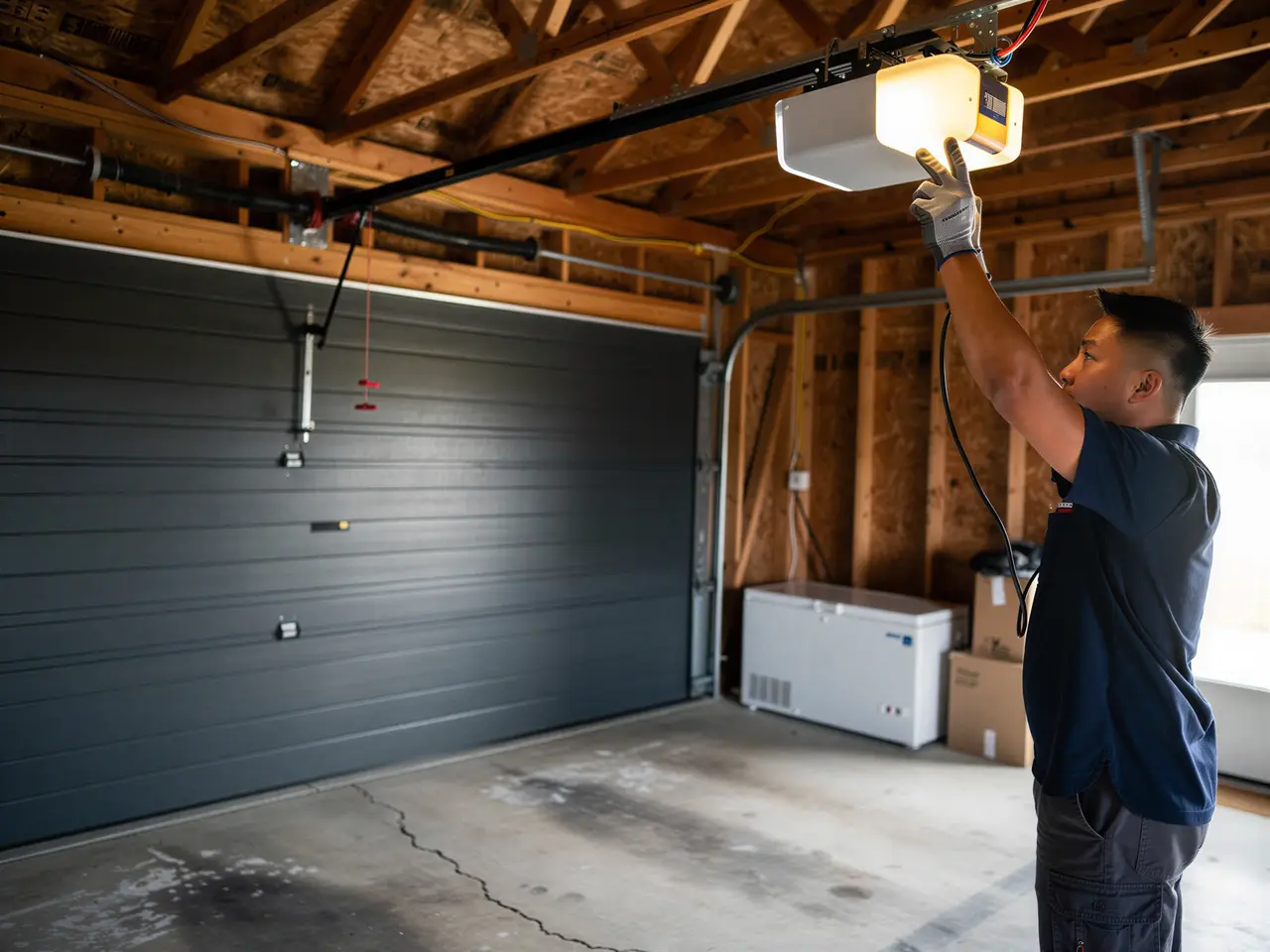 A technician adjusts a garage door opener light above a closed gray garage door.