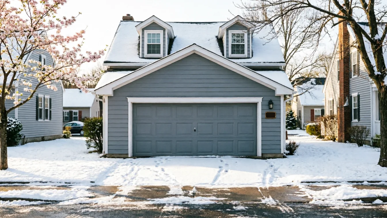 A gray house with a gray garage door and snow on the roof and ground.